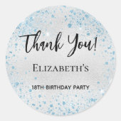 Verjaardagsfeest zilveren blauwe glitter dank u ronde sticker (Voorkant)