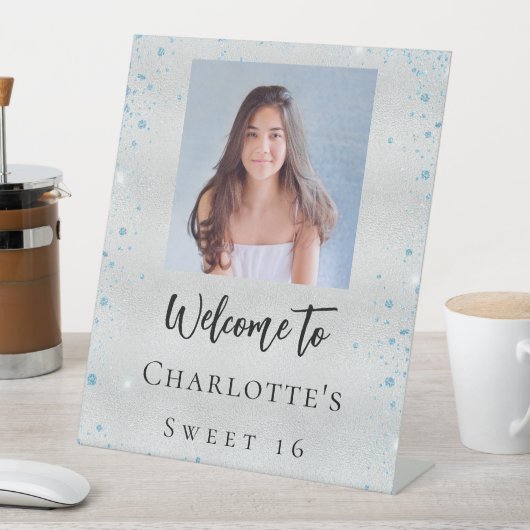 Verjaardagsfeest zilveren blauwe glitter foto welk reclamebord met voetstuk (Insitu)