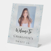 Verjaardagsfeest zilveren blauwe glitter foto welk reclamebord met voetstuk (Voorkant)