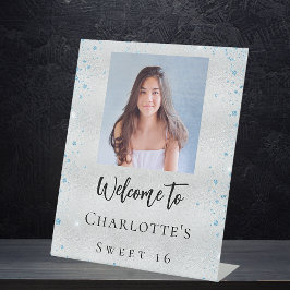 Verjaardagsfeest zilveren blauwe glitter foto welk reclamebord met voetstuk