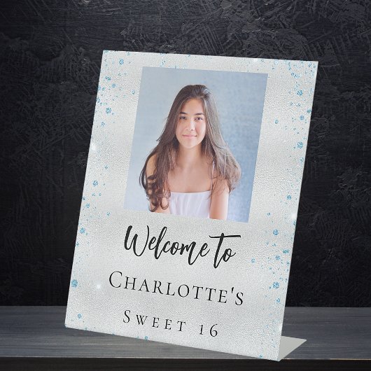 Verjaardagsfeest zilveren blauwe glitter foto welk reclamebord met voetstuk