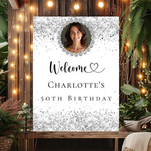 Verjaardagsfeest zilveren foto diamanten welkom poster