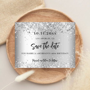 Verjaardagsfeest zilveren glitter script save the aankondigingskaart