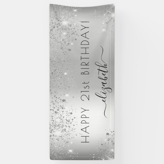Verjaardagsfeest zilveren glitter spandoek (Verticaal)