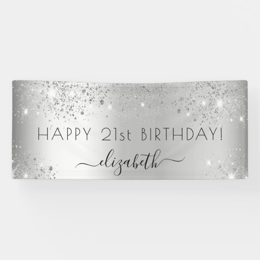 Verjaardagsfeest zilveren glitter spandoek (Horizontaal)