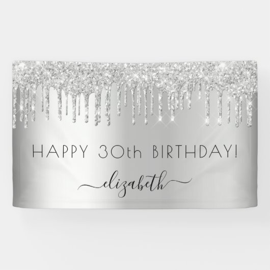Verjaardagsfeest zilveren glitters glans naam spandoek (Horizontaal)