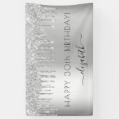 Verjaardagsfeest zilveren glitters glans naam spandoek (Verticaal)