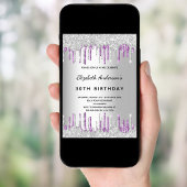 Verjaardagsfeest zilveren paarse glitter druppels kaart