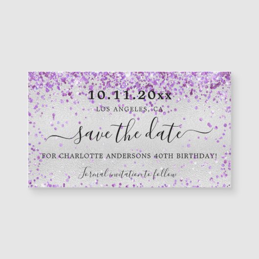 Verjaardagsfeest zilveren paarse magneet om de dat (Voorkant)