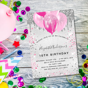 Verjaardagsfeest zilveren roze druppels ballonnen  uitnodiging briefkaart