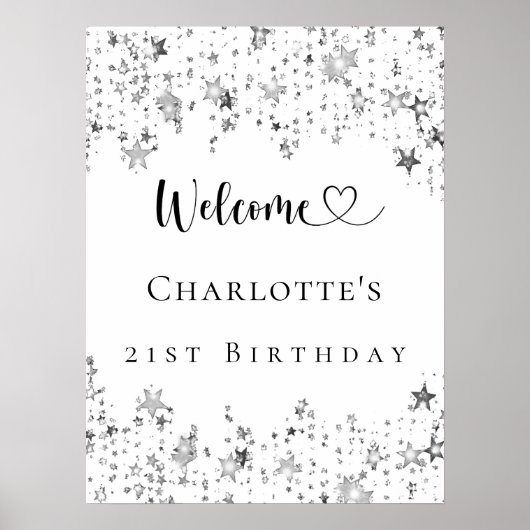 Verjaardagsfeest zilveren sterren welkom poster (Voorkant)