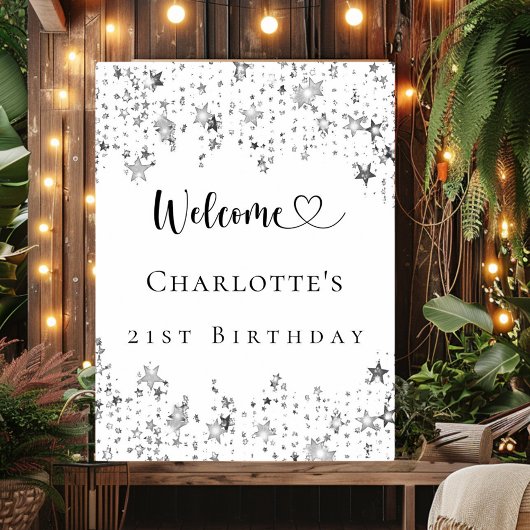 Verjaardagsfeest zilveren sterren welkom poster
