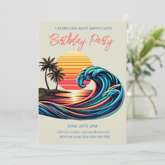 Verjaardagsfeest-zonsondergang Retro Surf Wave Kaart (Staand voorkant)