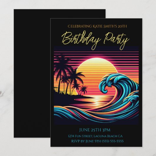 Verjaardagsfeest-zonsondergang Retro Surf Wave Kaart (Voorkant / Achterkant)