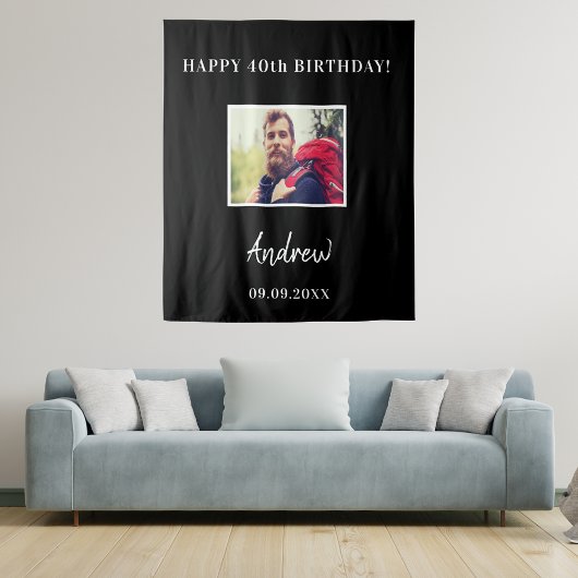 Verjaardagsfeest zwart foto naam man wandkleed