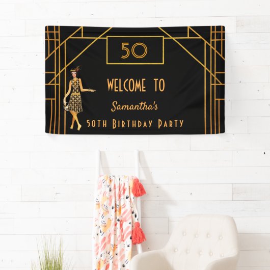Verjaardagsfeest zwart goud 1920's Gatsby Spandoek (Insitu)