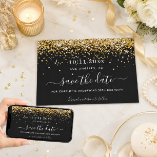 Verjaardagsfeest zwart goud glitters elegant bewaa save the date