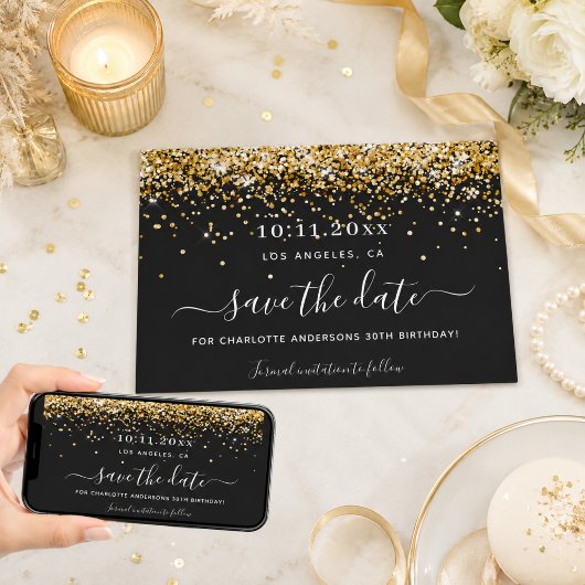 Verjaardagsfeest zwart goud glitters elegant bewaa save the date