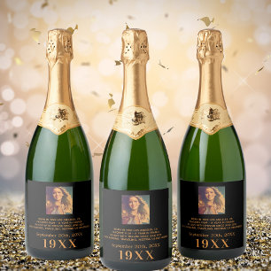 Verjaardagsfeest zwart goud jaar geboren foto bio sparkling wijnetiket