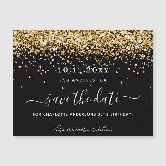 Verjaardagsfeest zwart goud save the date magneet magnetische uitnodiging (Voorkant)