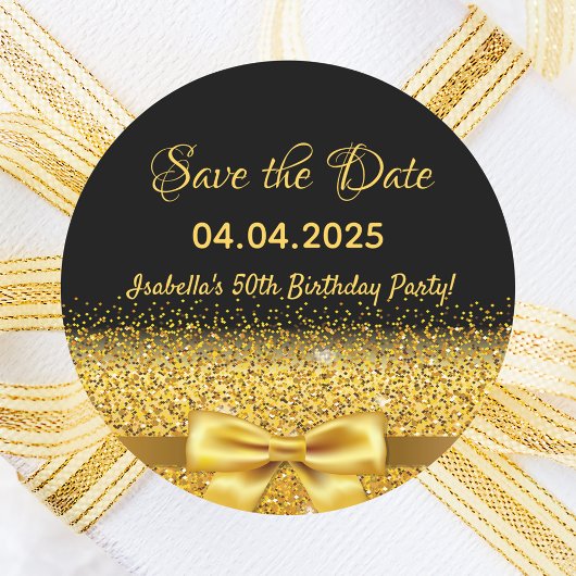 Verjaardagsfeest zwart goud save the date ronde sticker