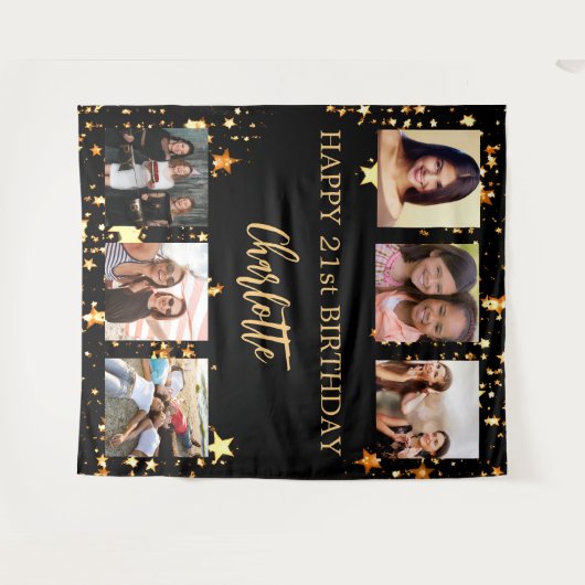 Verjaardagsfeest zwart goud sterren foto collage wandkleed (Voorkant (horizontaal))