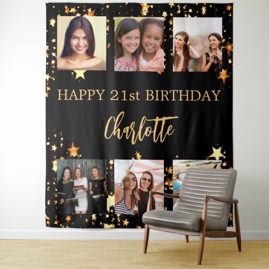 Verjaardagsfeest zwart goud sterren foto collage wandkleed (In situ)