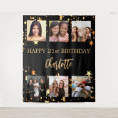 Verjaardagsfeest zwart goud sterren foto collage wandkleed (Voorkant)