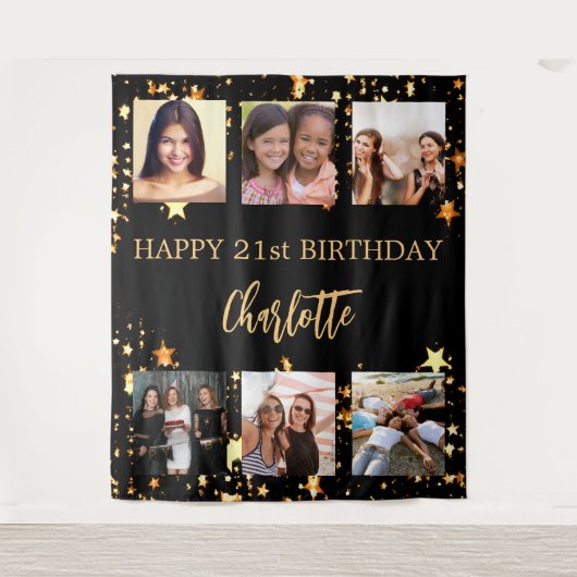 Verjaardagsfeest zwart goud sterren foto collage wandkleed (Voorkant)