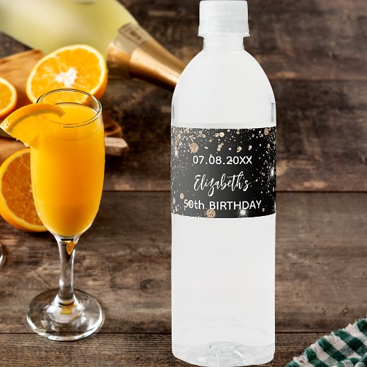 Verjaardagsfeest zwart gouden glitters waterfles etiket