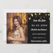 Verjaardagsfeest zwart gouden sterren foto save the date (Voorkant)