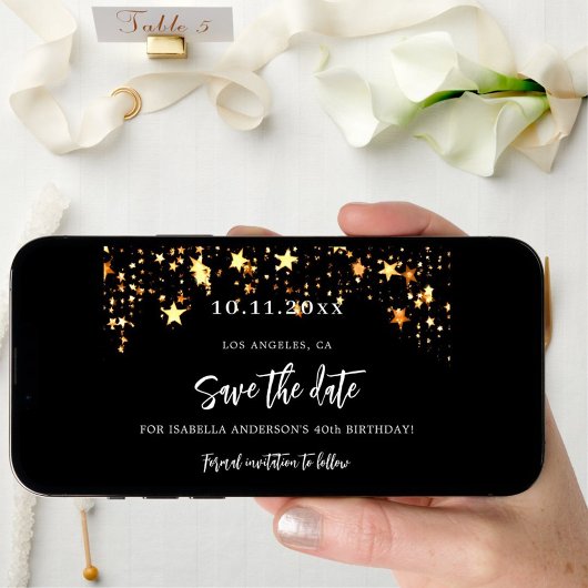 Verjaardagsfeest zwart gouden sterren save the dat save the date