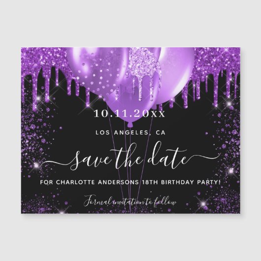 Verjaardagsfeest zwart paars save the date magneet (Voorkant)