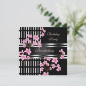 Verjaardagsfeest Zwart Wit Aziatisch Roze Bloesem Kaart (Staand voorkant)