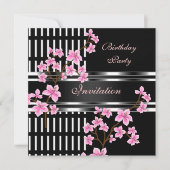 Verjaardagsfeest Zwart Wit Aziatisch Roze Bloesem Kaart (Voorkant)