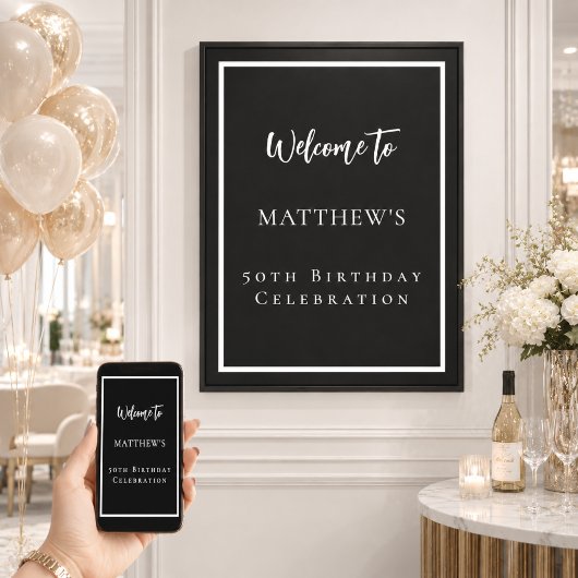 Verjaardagsfeest zwart wit welkom poster