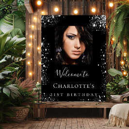 Verjaardagsfeest zwart zilver glitters foto welkom poster