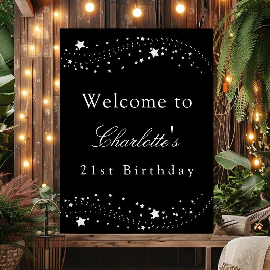 Verjaardagsfeest zwart zilveren sterren elegante w poster