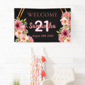 Verjaardagsfeest zwarte blush roze bloemen spandoek (Insitu)