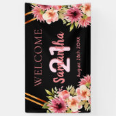 Verjaardagsfeest zwarte blush roze bloemen spandoek (Verticaal)