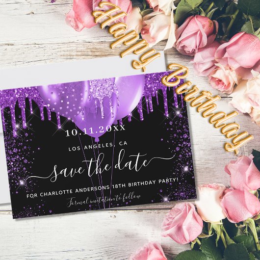 Verjaardagsfeest zwarte paarse ballonnen save the save the date