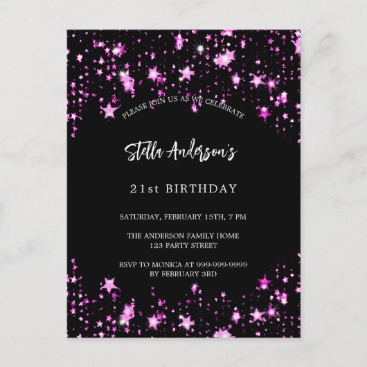 Verjaardagsfeest zwarte roze sterren uitnodiging briefkaart (Voorkant)