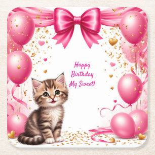 Verjaardagsfeestballonnen voor een schattig katje kartonnen onderzetters