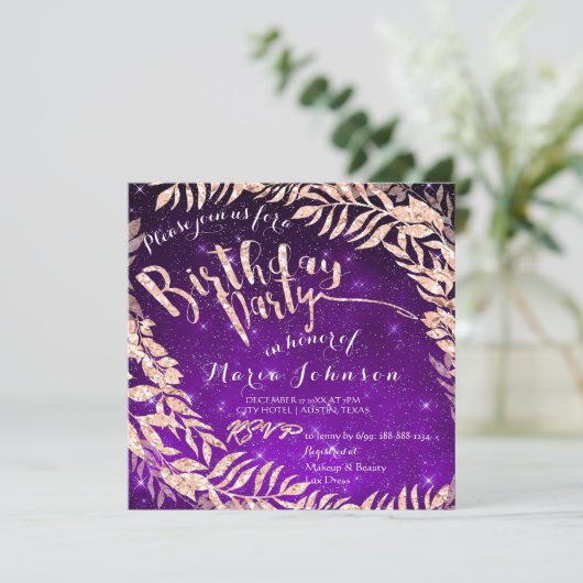 Verjaardagsfeestblad Krans Paarse Star Roos Goud Kaart (Staand voorkant)