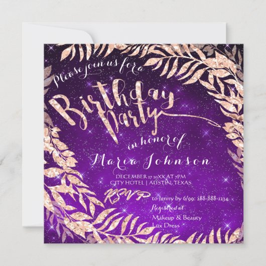 Verjaardagsfeestblad Krans Paarse Star Roos Goud Kaart (Voorkant)