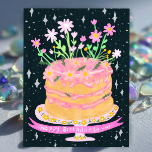 Verjaardagsfeestcake met roze bloemen Gouache  Briefkaart