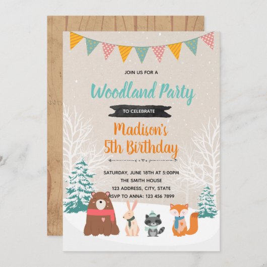verjaardagsfeestdag winterbos kaart (Voorkant / Achterkant)
