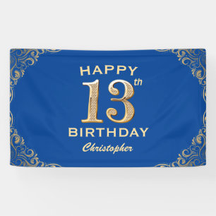 Verjaardagsfeestje 13 jaar blauw en gouden glitter spandoek