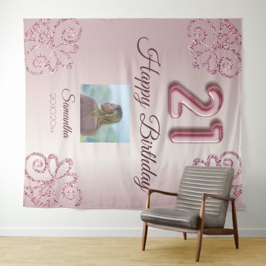 Verjaardagsfeestje 21 Blush Roze Ballon Glitter Wandkleed (In Situ (horizontaal))