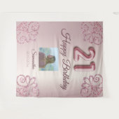 Verjaardagsfeestje 21 Blush Roze Ballon Glitter Wandkleed (Voorkant (horizontaal))